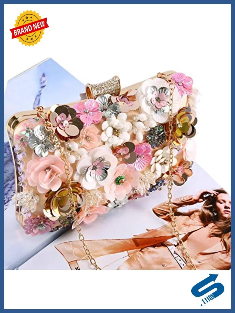 Floral Beaded Clutch Purse Satin Evening Bag with Chain